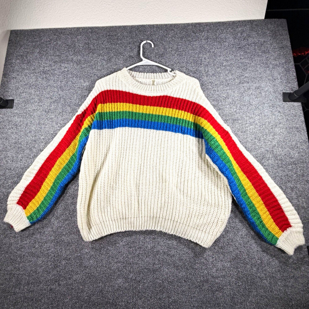 Pinkicious White Chunky-Knit Crew Neck Pullover Sweater Rainbow Sleeves One Size